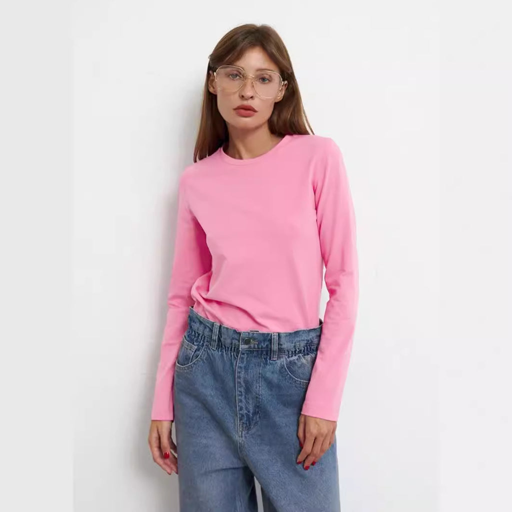 Cotton T Shirt Spring Women Rest All Match Office Pullover Round Neck Long Sleeves T Shirt