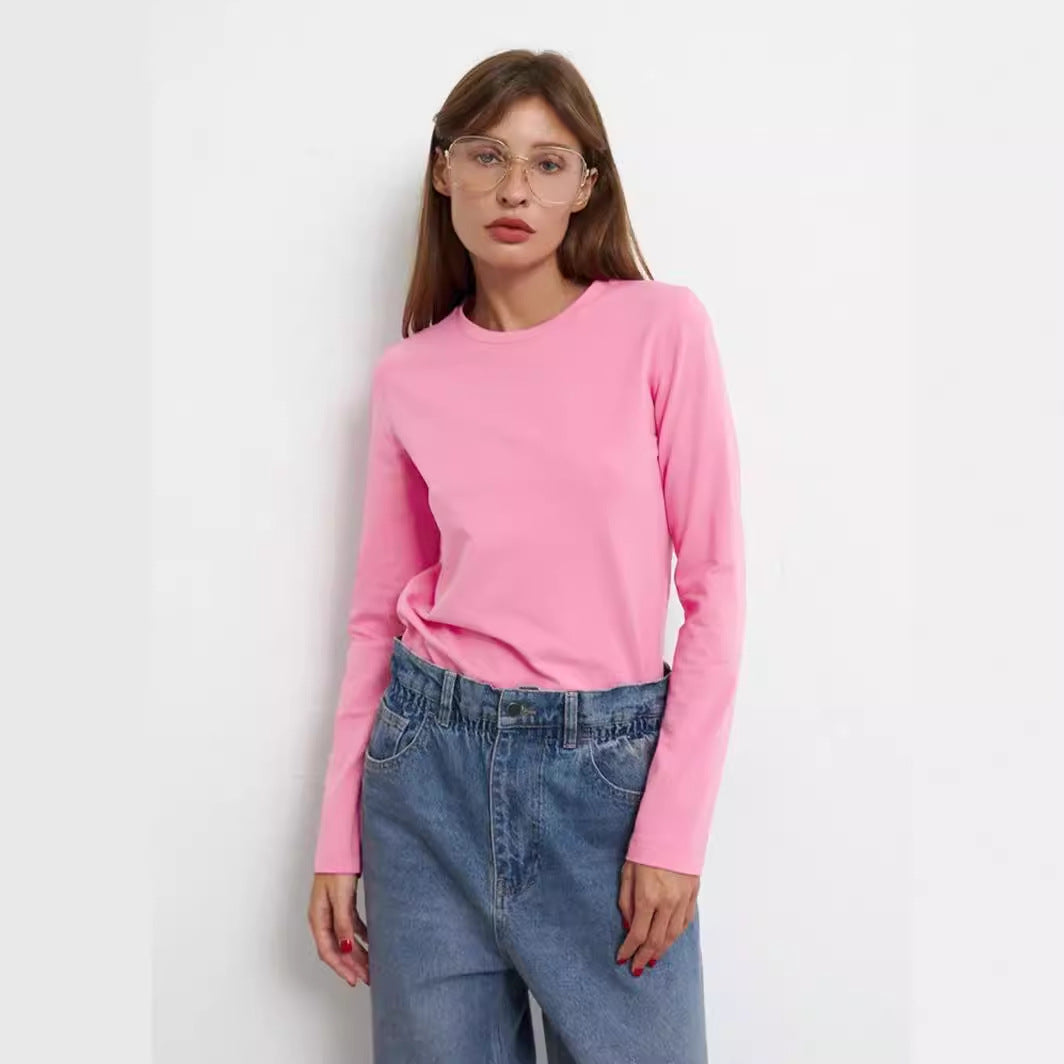 Cotton T Shirt Spring Women Rest All Match Office Pullover Round Neck Long Sleeves T Shirt