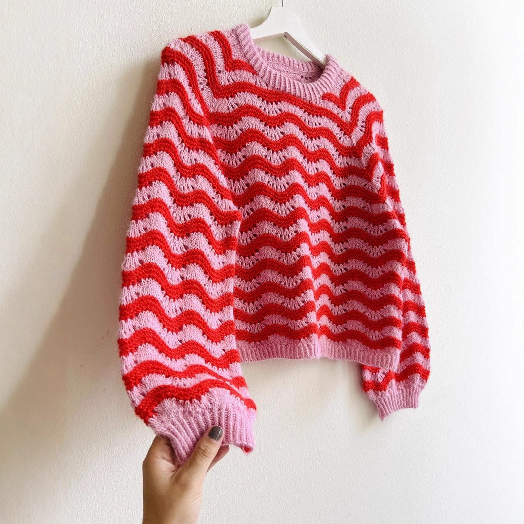 Pullover round Neck Wave Striped Women Autumn Winter Sweater Casual Long Sleeve Knitwear Top