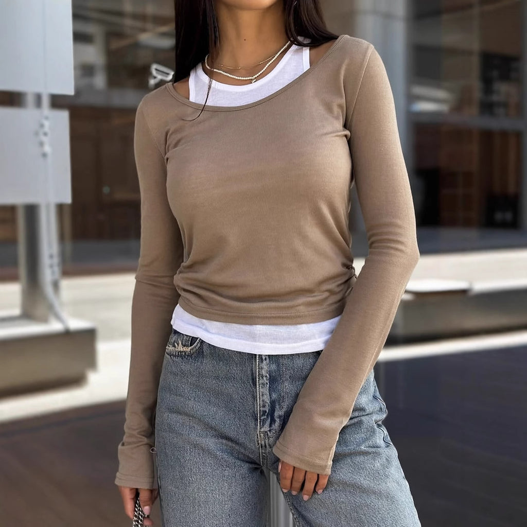 Retro Contrast Colors False Two Piece Long Sleeved T shirt for Women Spring Autumn Slimming Modal Bandage Dress Bottoming Top
