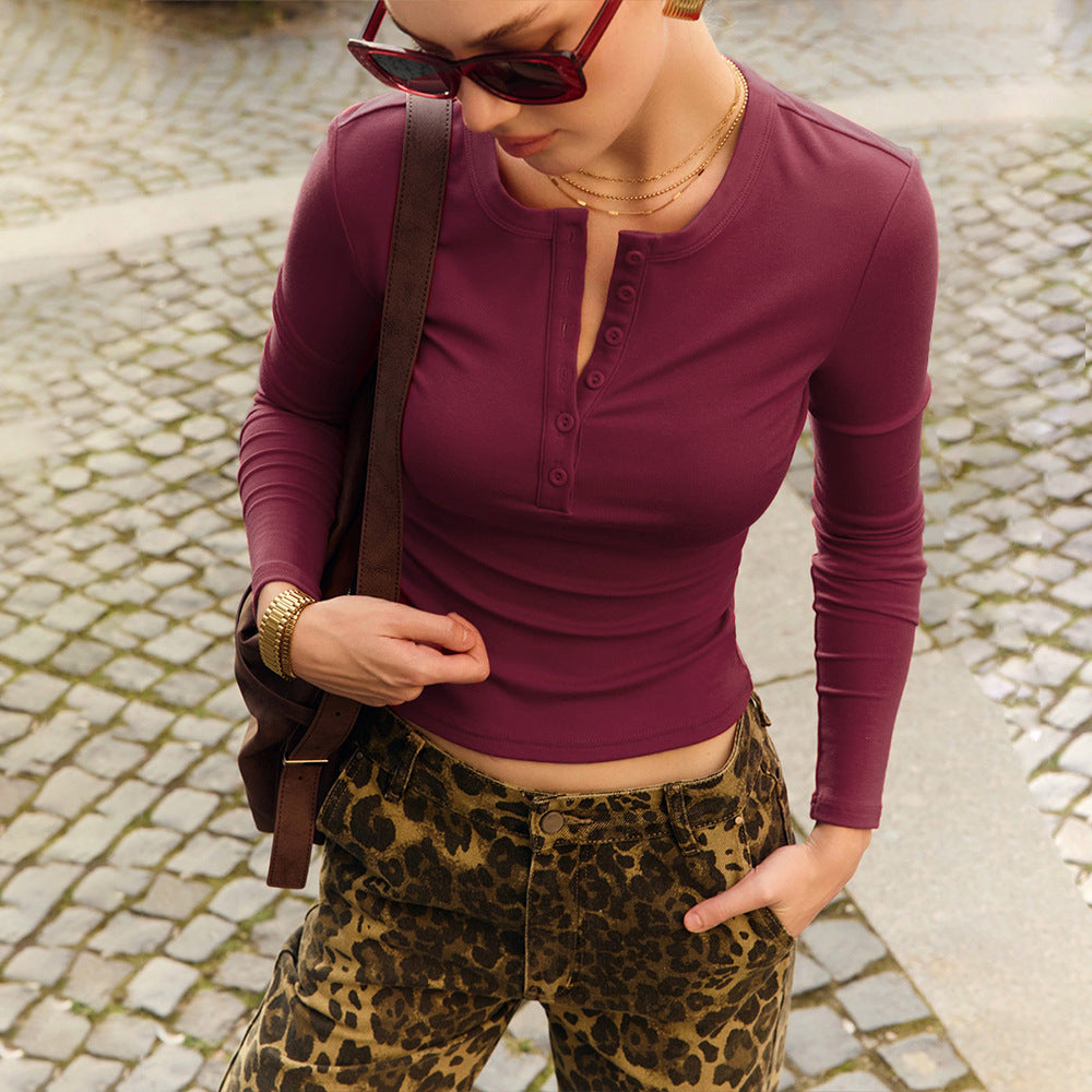 Solid Color T shirt Women Winter Casual T shirt Slim Fit round Neck Long Sleeves T shirt