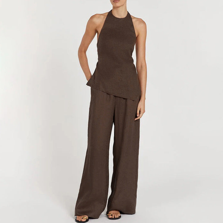 Sexy Women Summer Halter Backless Lace up Top Loose Trousers Two Piece Set