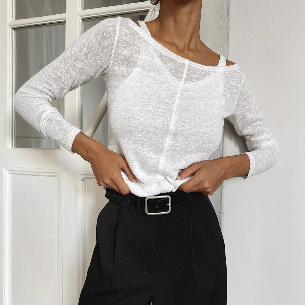 White Long Sleeve T shirt Vest Two Piece Set Spring Summer Comfortable Slim Fit Semi Transparent T shirt Women