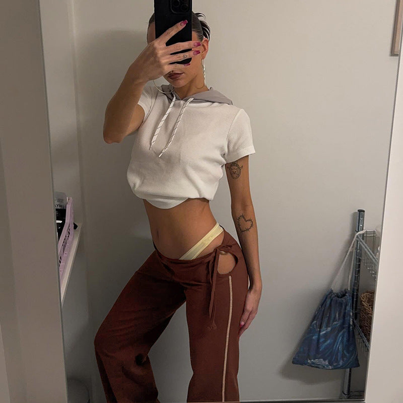 Simple Striped Contrast Color Straight Casual Mopping Trousers Women Clothing