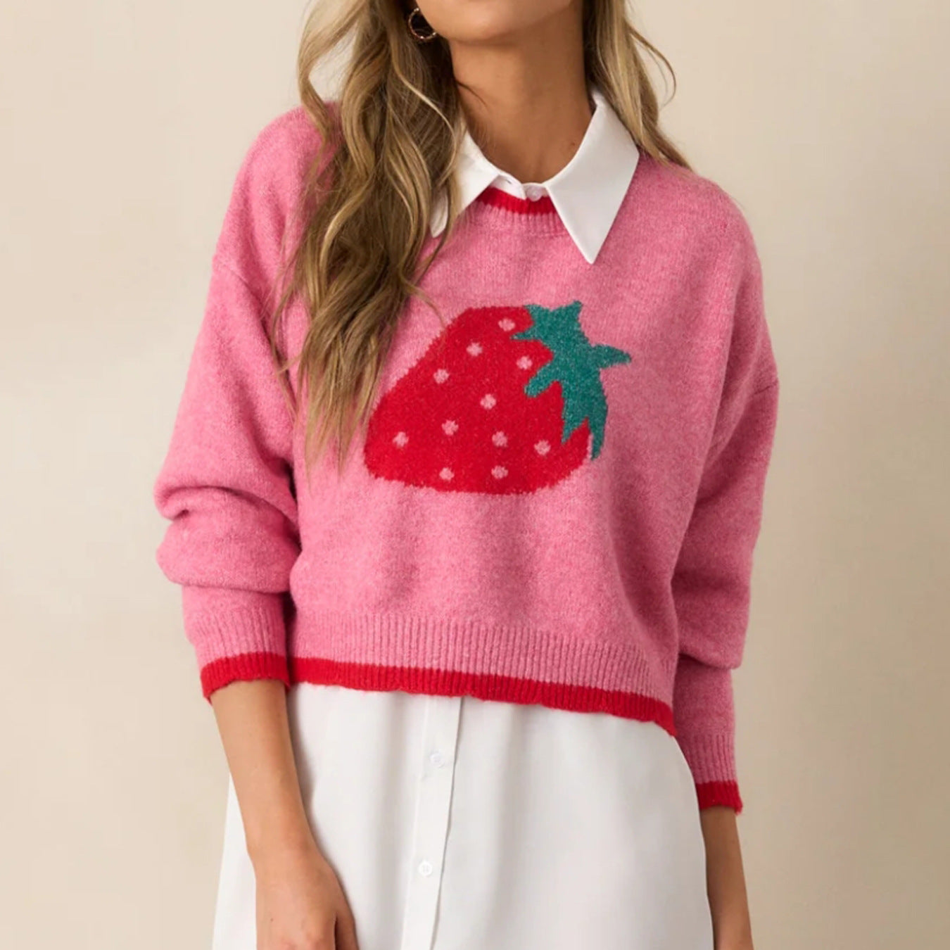 Strawberry Jacquard Autumn Women Sweater Casual Short Long Sleeved Sweater Top