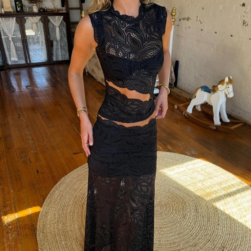 Women Clothing Summer Sexy Lace Hollow Out Cutout Top See through Hip Skirt Set Women