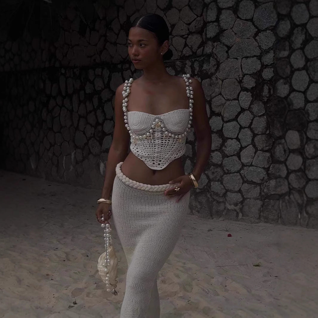 Spring Summer Sexy Solid Color Crop Top Spaghetti Strap Beaded Top Short Sets