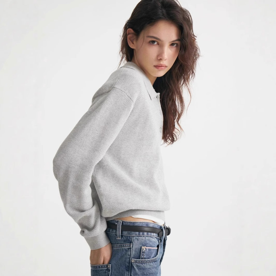 Autumn Winter Polo Collar Solid Color Sweater Women All Match Casual Pullover Sweater