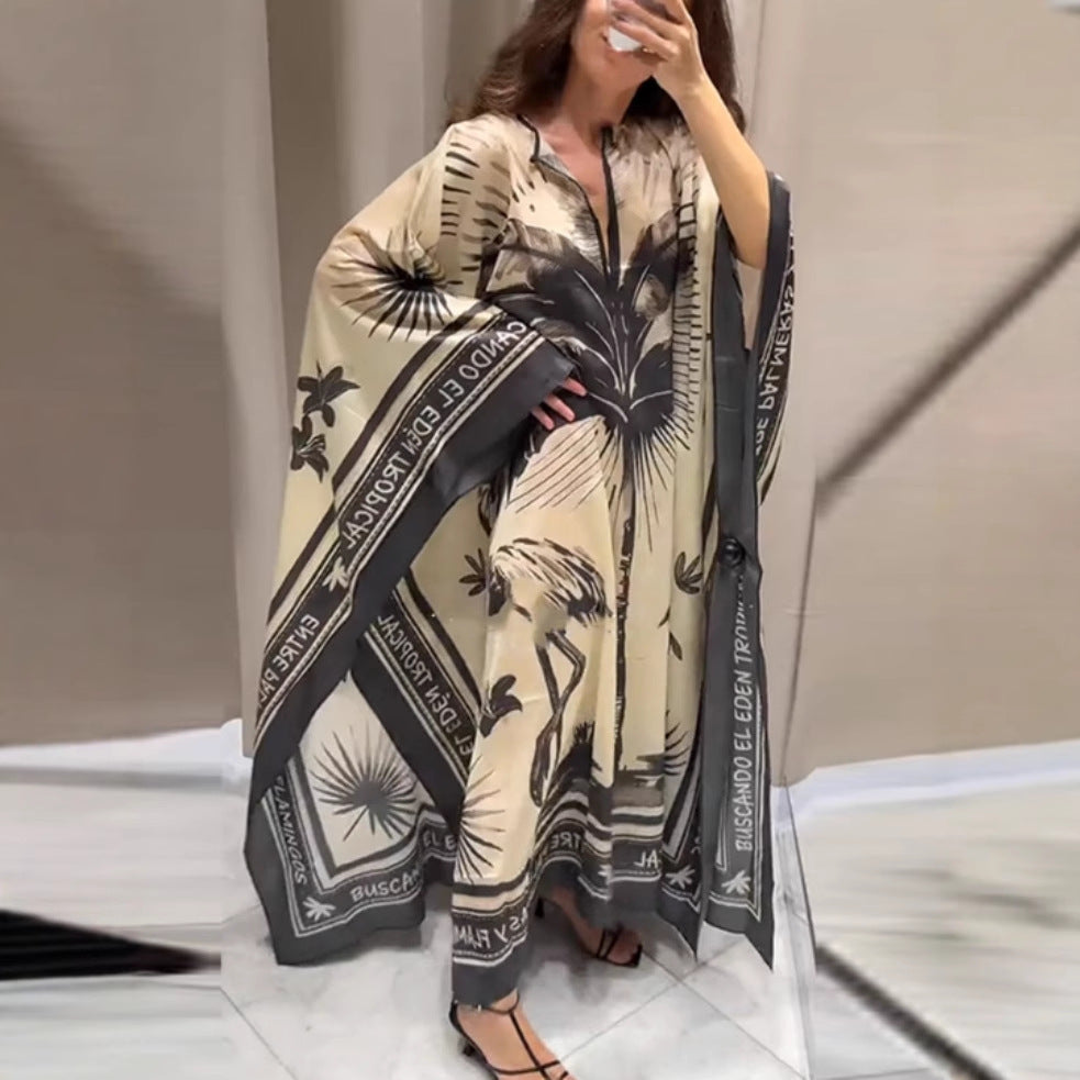 Autumn Retro Printed V neck Loose plus Size Vacation Dress Women