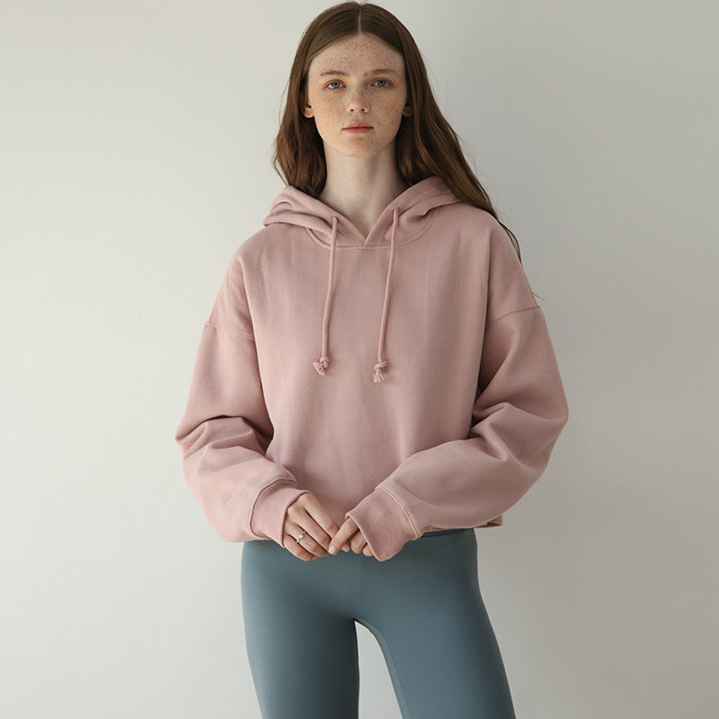 Sports Loose Cropped Hoodie Women Autumn Winter Fleece-lined Solid Color Minimalist Long Sleeve Top