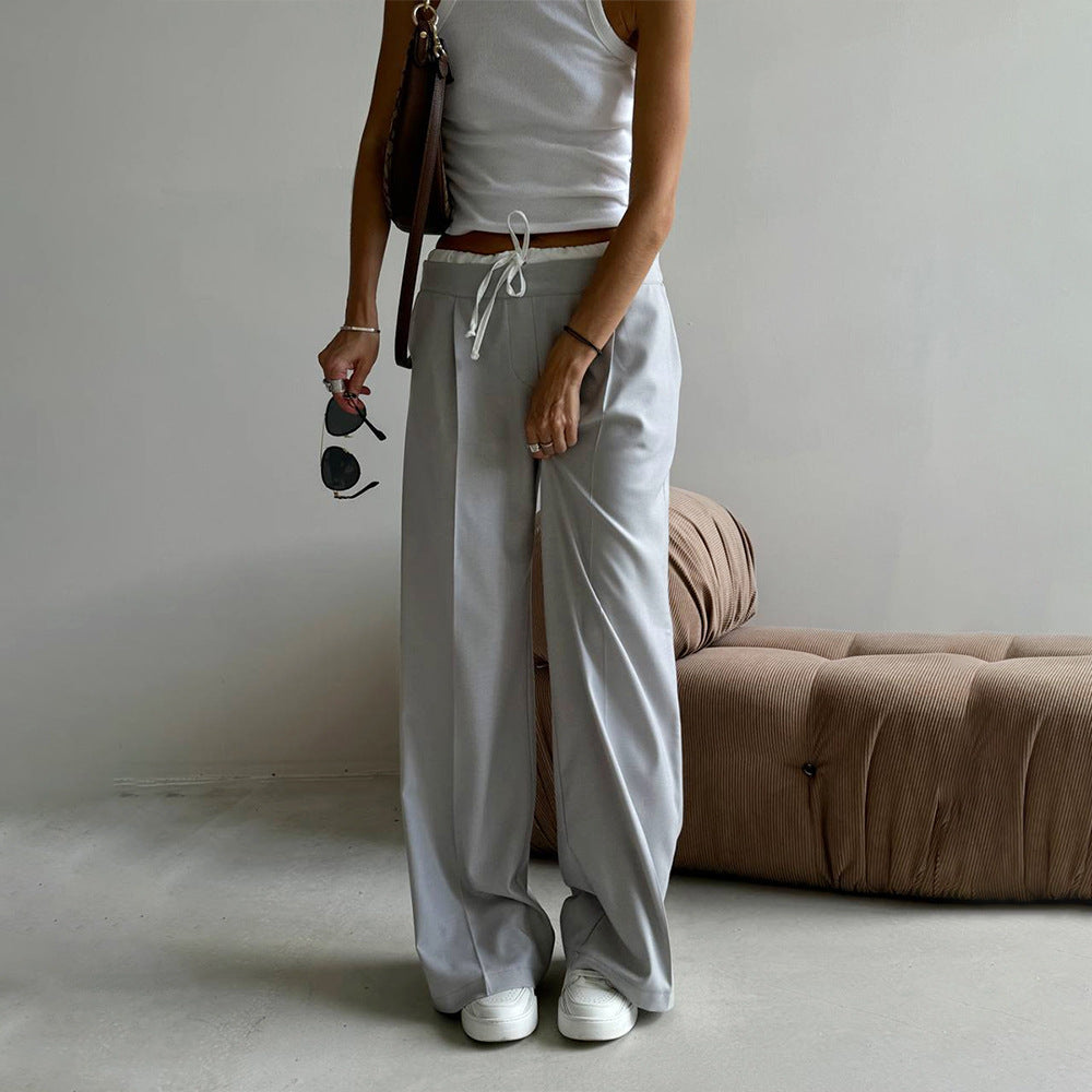 Loose Trousers Spring Faux Two Piece Lace up Design Trousers Office Work Pant Women