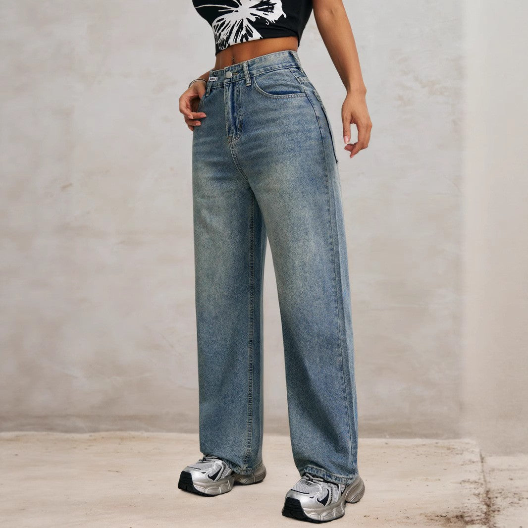 Retro Korean Type Wide Leg Jeans for Women Autumn Winter Trends High Waist Loose Slimming Straight Long Pants
