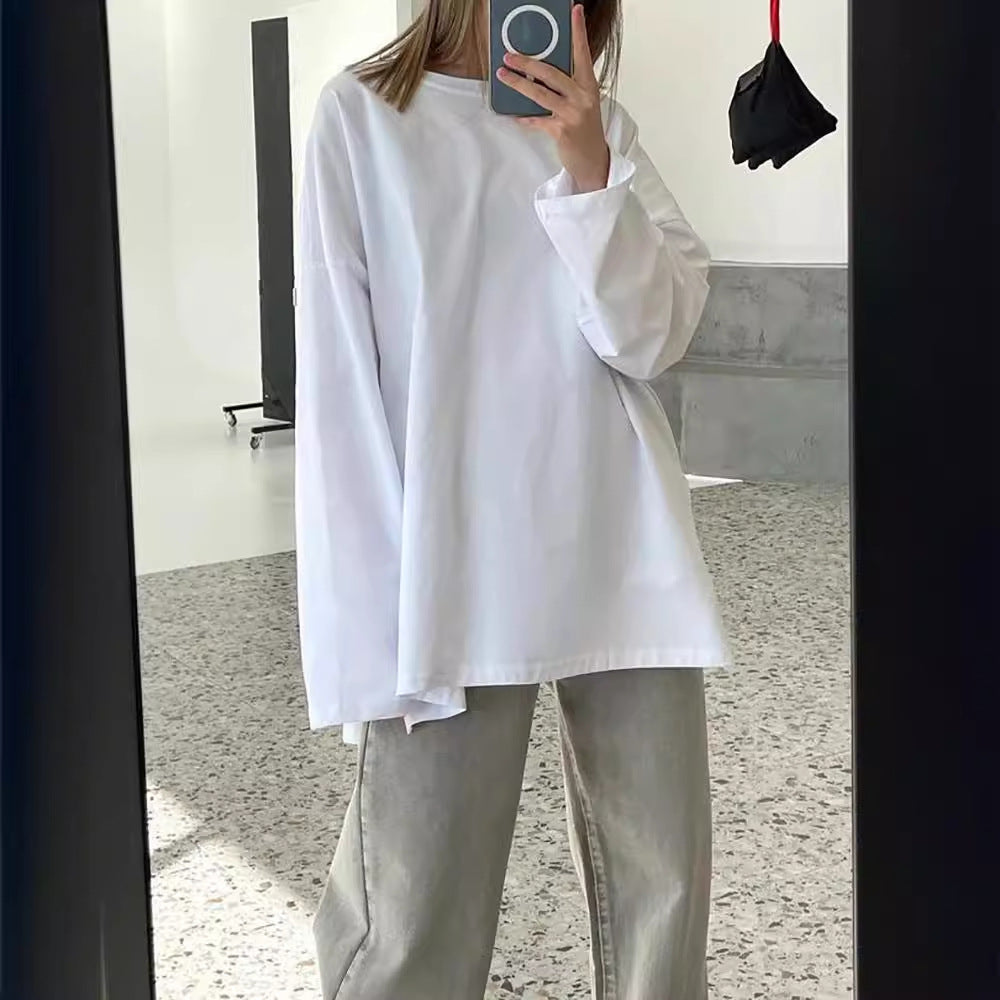 Loose Long Sleeve Split T shirt Women Solid Color Spring Summer Women Clothing Cotton Top