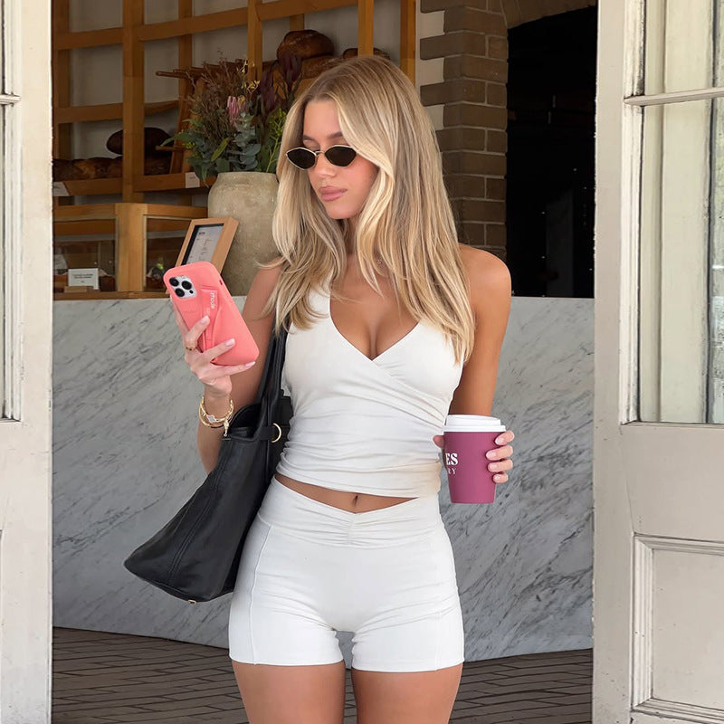 Casual Sexy Solid Color Halter Beauty Back Yoga Clothes Workout Shorts Two Piece Sets