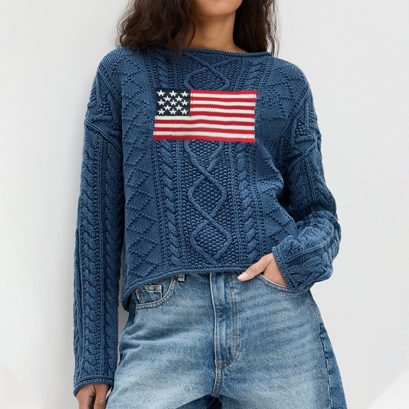Retro Knitted Pullover Flag Sweater Women Autumn Winter Casual All Matching Lazy Sense Top