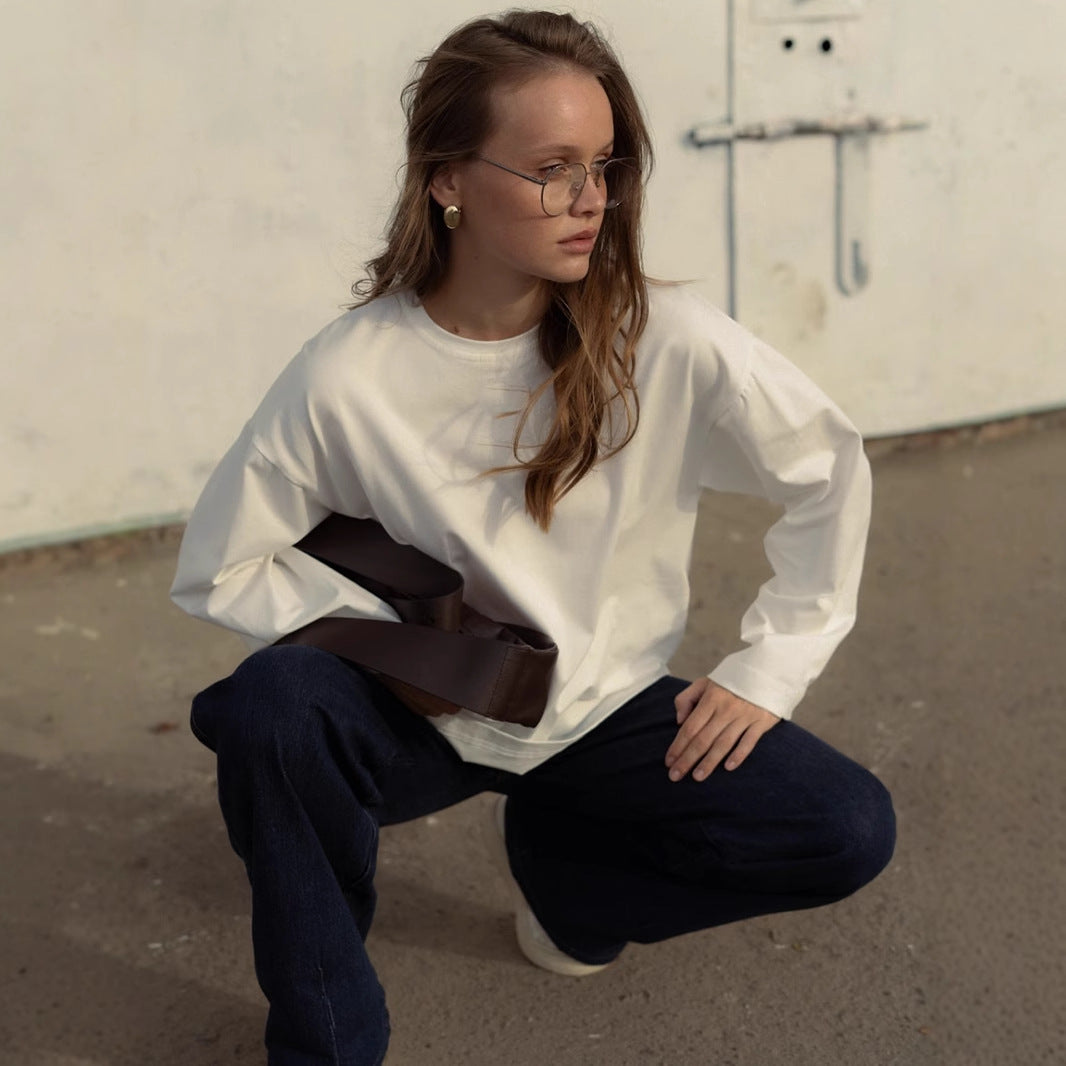 Spring Solid Color Long Sleeved T shirt Women Loose Cotton Crew Neck Basic Top