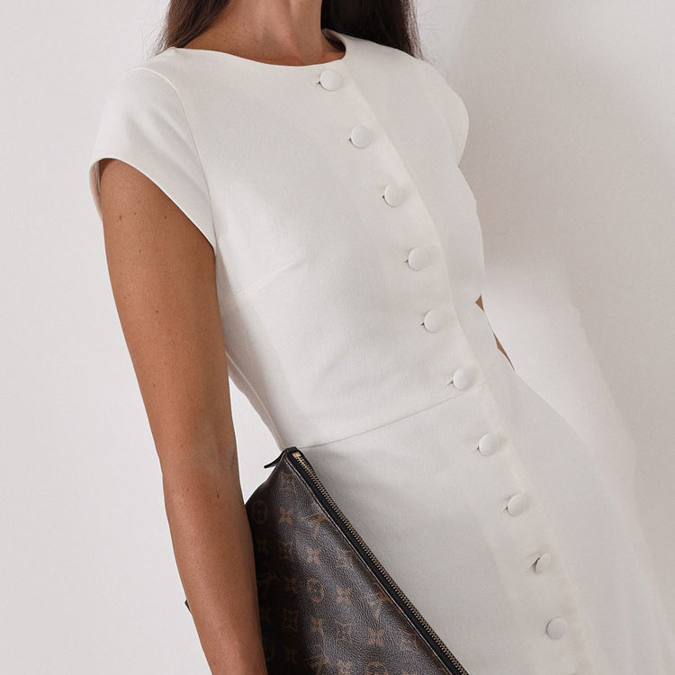 Round Neck Flying Sleeves Dress Women Elegant Waist Single Breasted White Sheath Dress