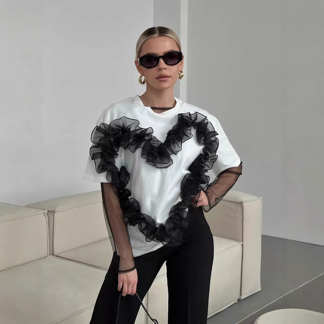 Love Pleated Stitching T shirt Women round Neck Loose Fitting Pure Cotton Top