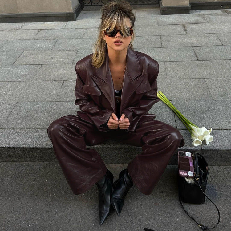 Spring Autumn Retro Green Fruit Collar with Belt Leather Coat High Waist Leather Pants Set for Women