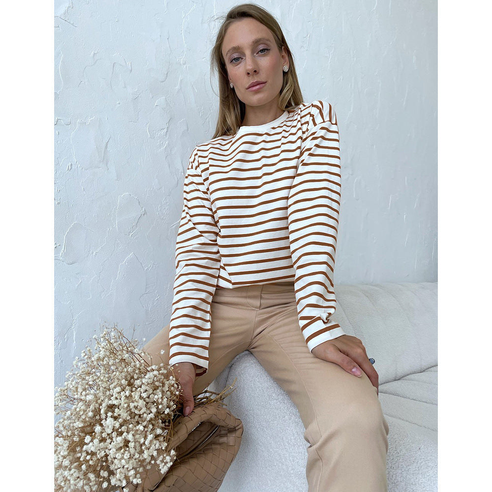 Long Sleeved Striped T shirt Spring Trendy Wild Casual round Neck Cotton Striped T shirt