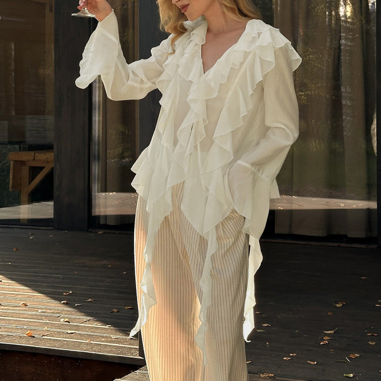 Women Wear Ruffled Sun Protection Long Sleeved French Shirt Summer Casual Design Chiffon Top