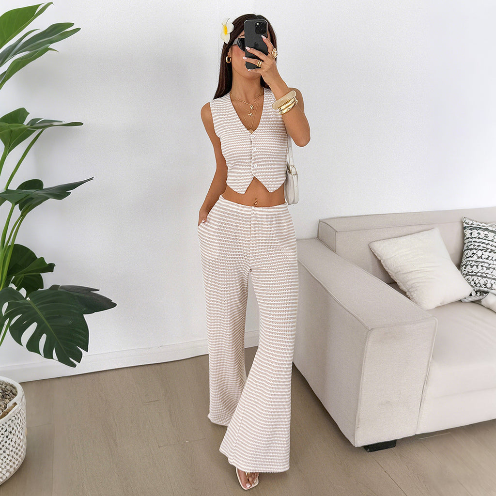Casual Vacation Button Vest Trousers Two Piece Set Women Clothing Spring Summer
