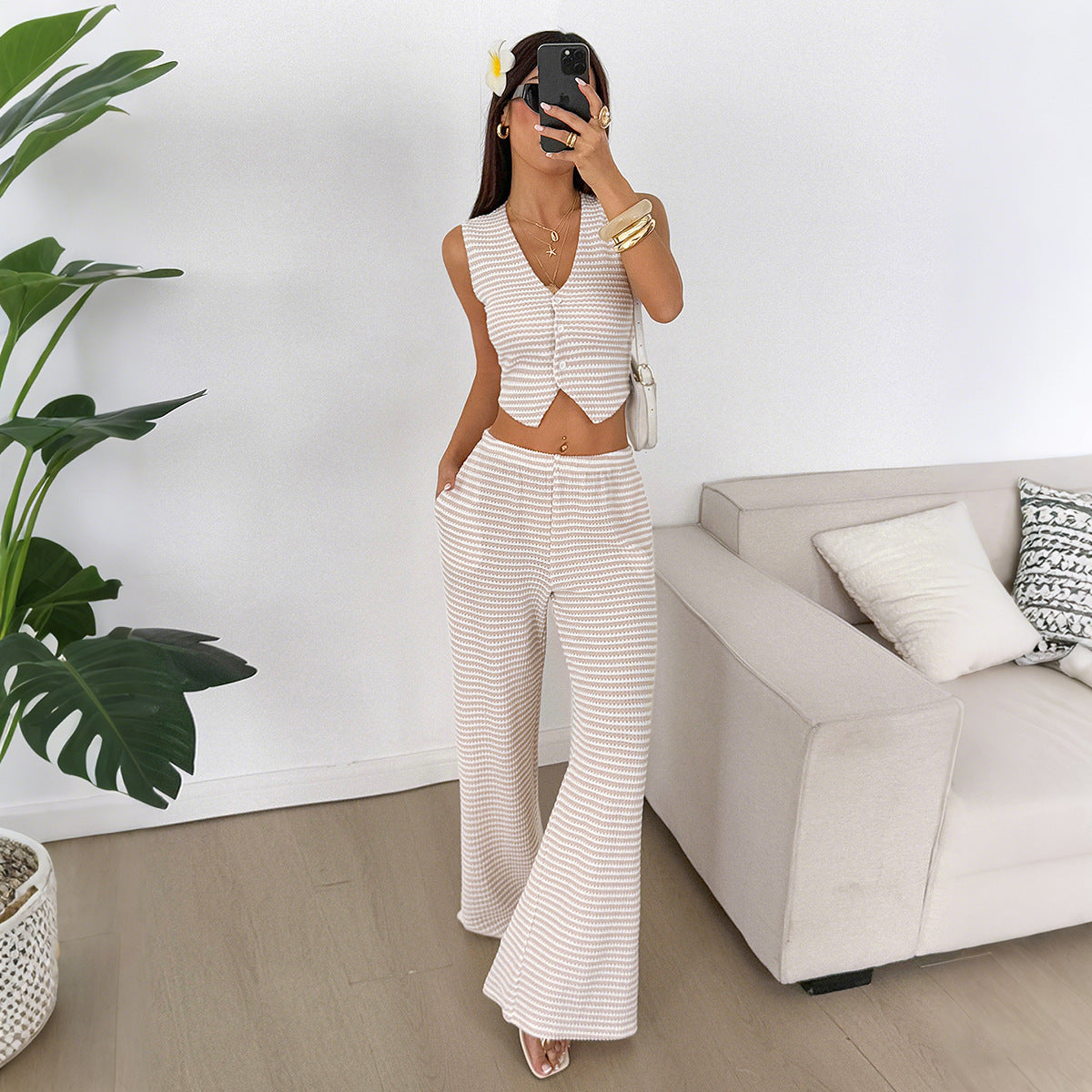 Casual Vacation Button Vest Trousers Two Piece Set Women Clothing Spring Summer