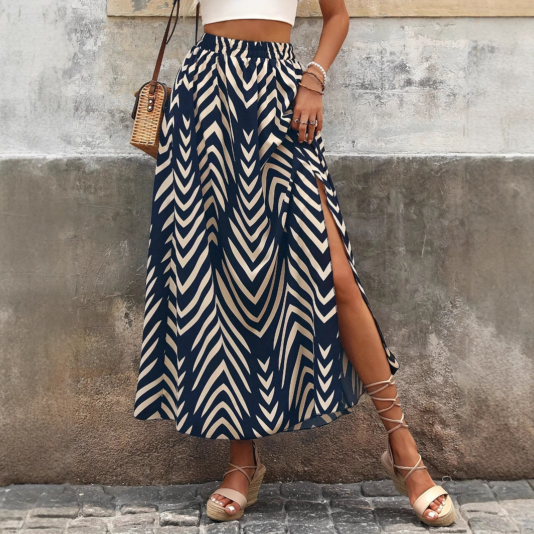 Popular Bohemian Printed Front Slit Elastic Waist Casual Women Skirt