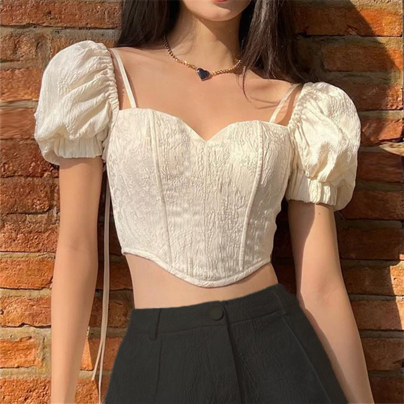 Spring Sexy Sweet French Royal Puff Sleeve Short Top for Women