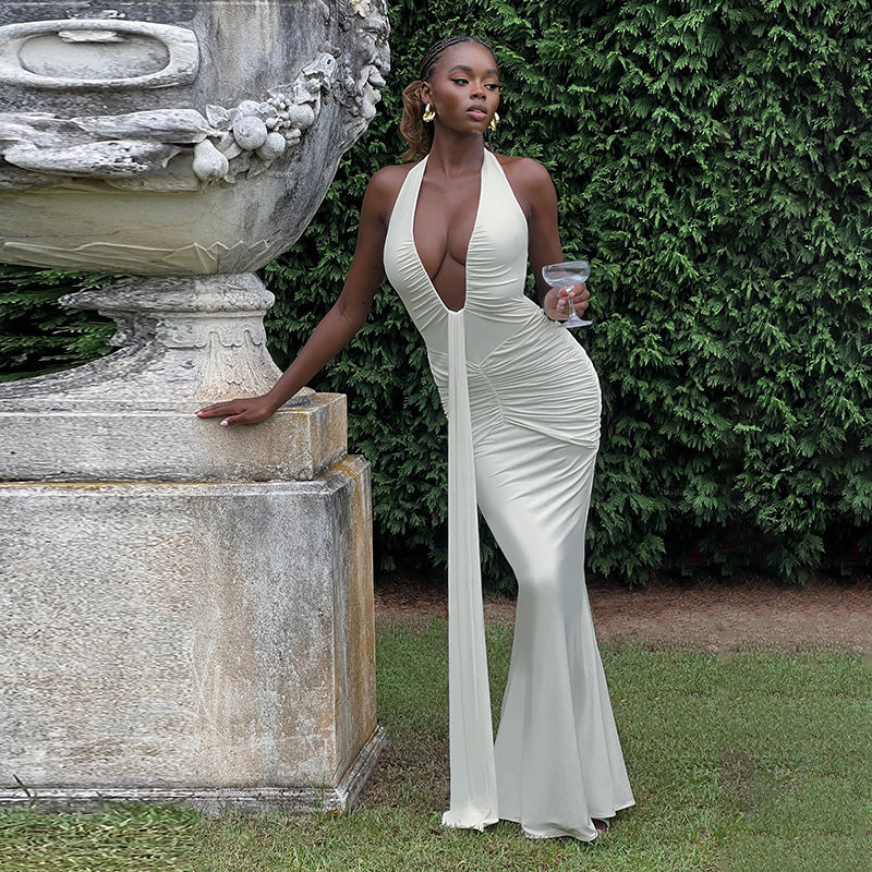 Spring Summer Women Elegant Sexy Deep V Plunge neck Halter Slim Pleated Dress Women