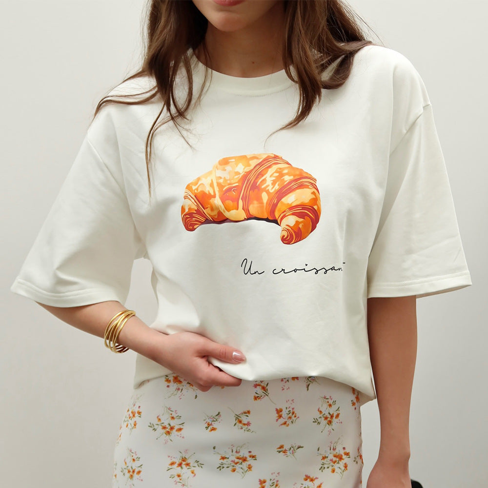 Cotton Short Sleeved T shirt Women Summer Croissant Printed Top Loose Short Sleeved T shirt Women
