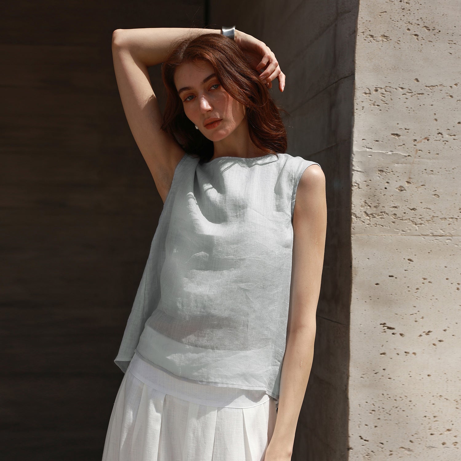 Pure Ramie round Neck Sleeveless Top for Women Summer Back Pleated Design Vest French round Neck Loose Top