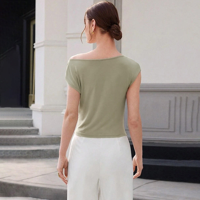 Summer Women Clothing Solid Color Simple Personality Diagonal Collar Sleeveless Cinched Slimming Pullover Women