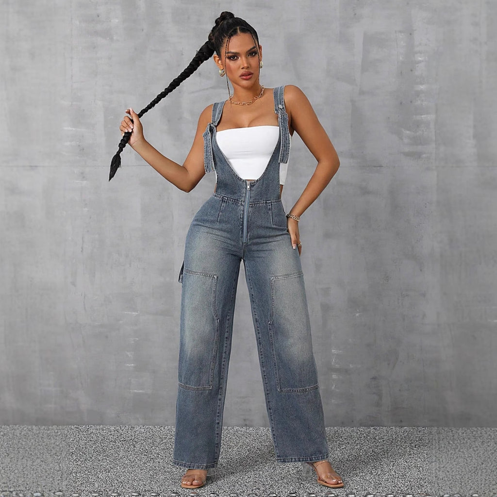 Women Clothing Personalized Girls Overalls Wide Leg Straight Denim Trousers
