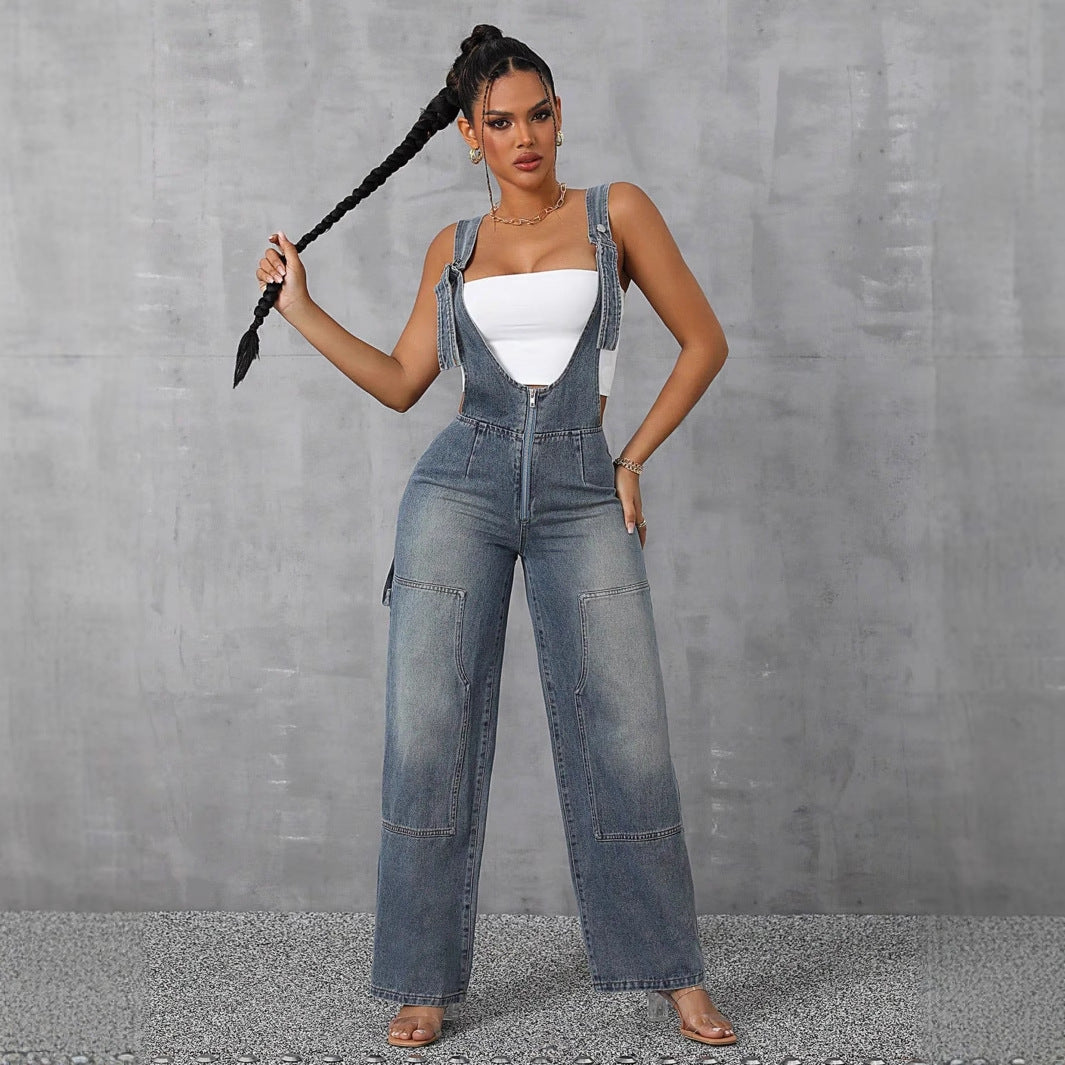 Women Clothing Personalized Girls Overalls Wide Leg Straight Denim Trousers