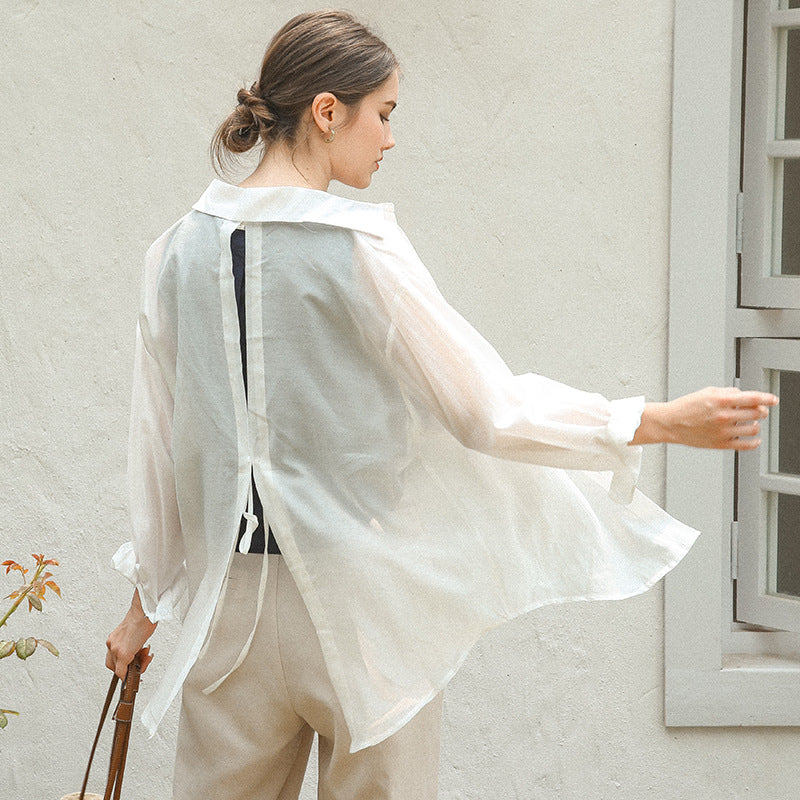 Back Lace Up Tencel Sun Protection Shirt Summer Lazy Wind Micro Transparent Long Sleeve Loose Cardigan Top