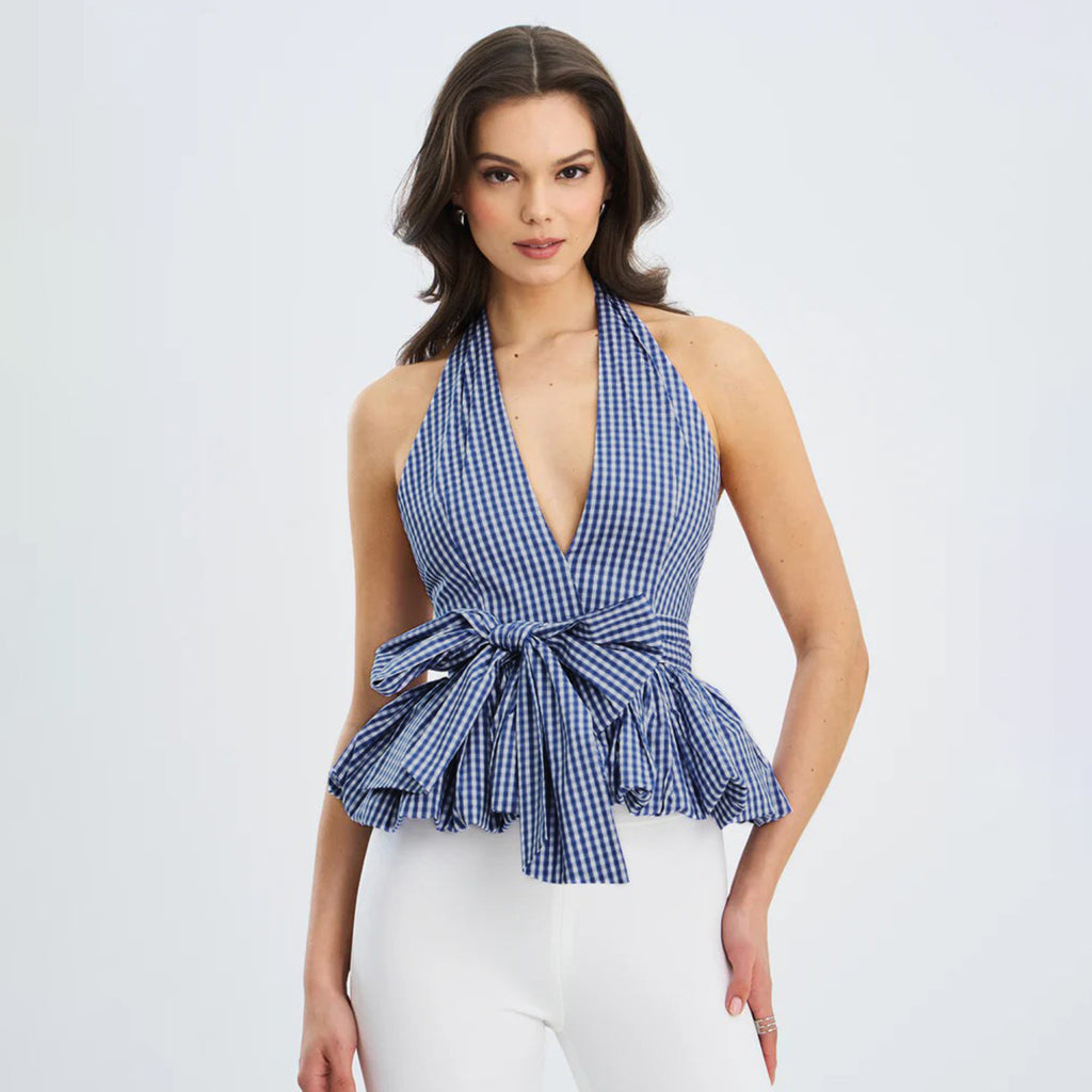 Elegant Backless Plaid Halterneck Vest Summer Vacation Strap Bow Top Women