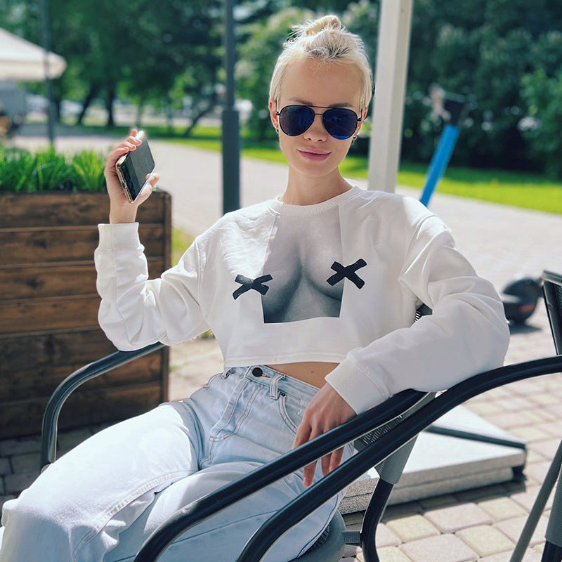 Women Clothing Autumn Abstract Printing Long Sleeve Pullover Short Street Sexy Sweatshirt