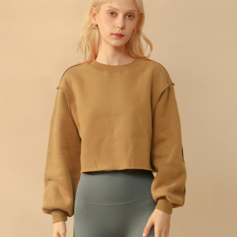 Fleece Lined Long Sleeved Fitness Yoga Wear Top Sports Cropped Short Sweatshirt Women