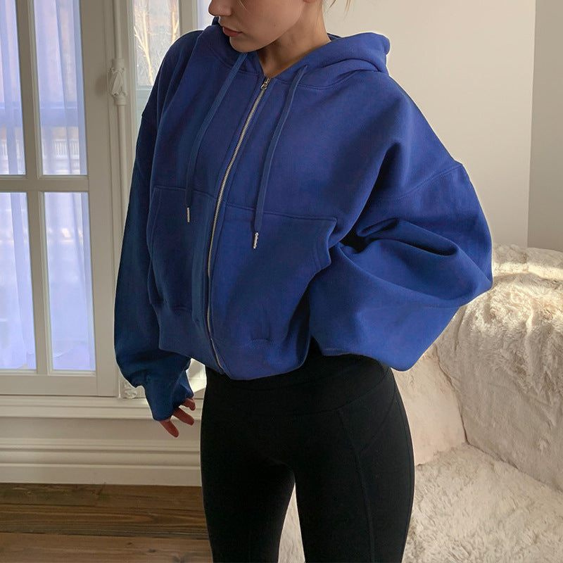 Autumn Winter plus Velvet Zipper Hooded Cardigan Warm Keeping Short Sports Sweatshirt Coat Women Clothing
