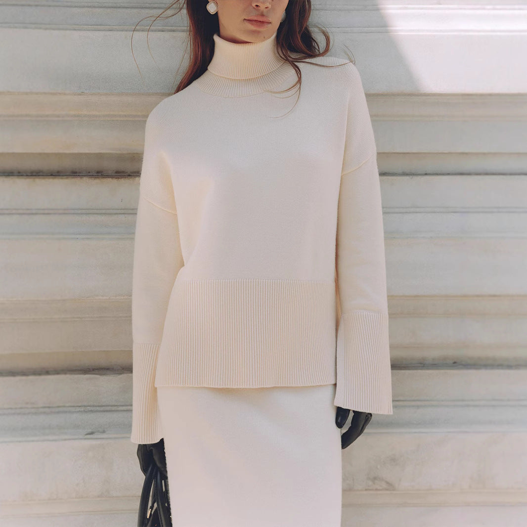 Turtleneck Sweater Skirt Set Women Autumn Winter Loose Sweater Split Skirt Set