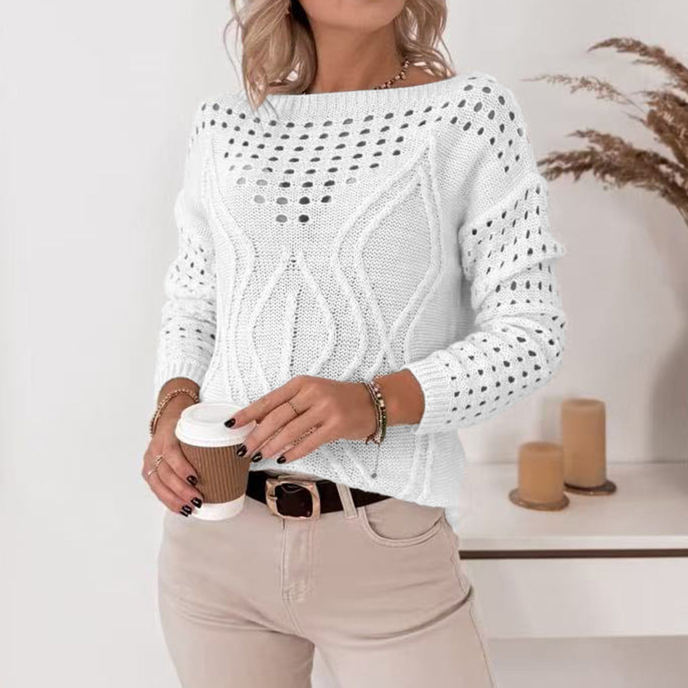 Autumn Solid Color Loose Fitting Women Sweater off Neck Pullover Long Sleeve Hollow Out Cutout out Sweater Women