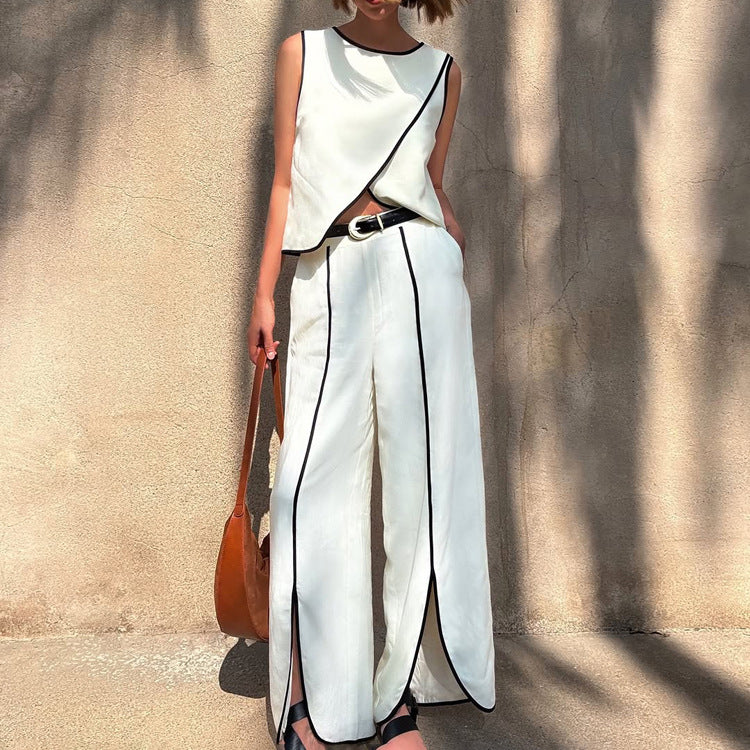 Contrast Color Vest Women Cross Design round Neck Sleeveless Top Split Trousers Two Piece Set