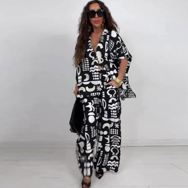 Summer Elegant Sexy Print Top Wide Leg Pants Two Piece Sets