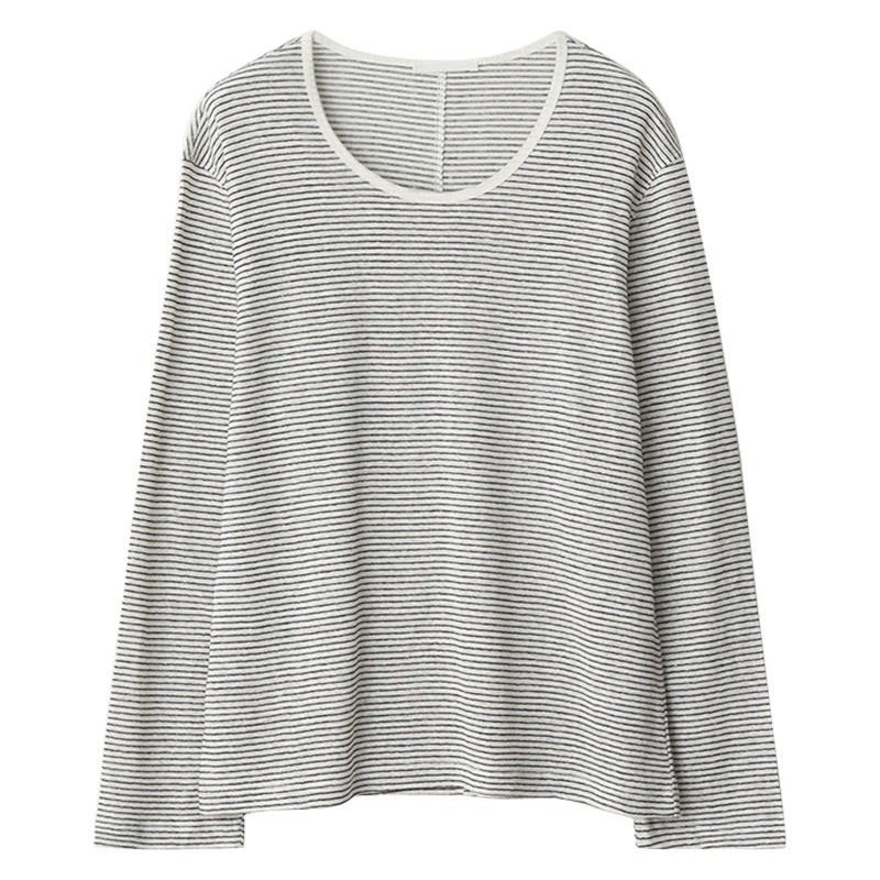 Fall Women Clothing Cotton Linen Stripes T shirt Long Sleeve Loose Korean Casual Relaxed Feeling Pullover T shirt Tops