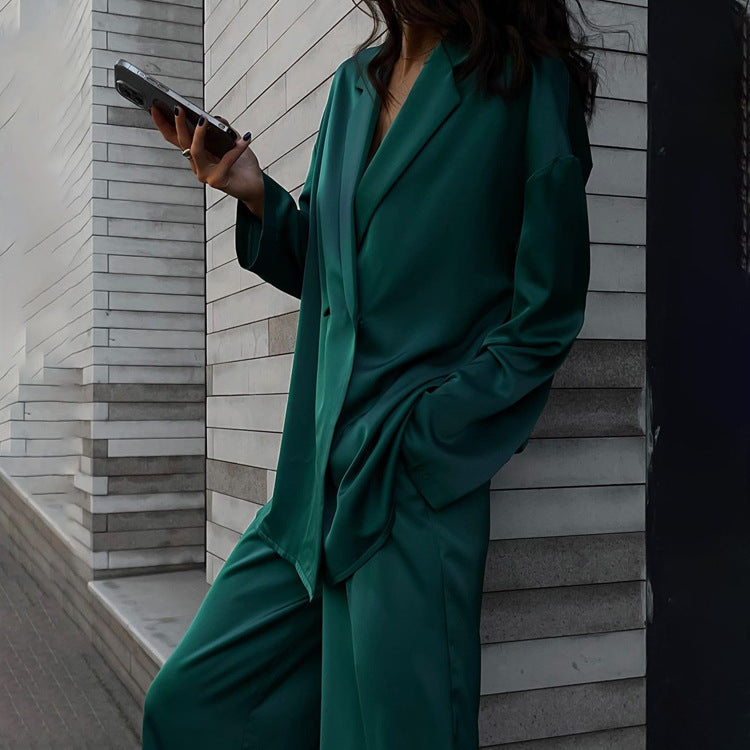 Casual Green Satin Suit Two Piece Set Western Women Clothing High End