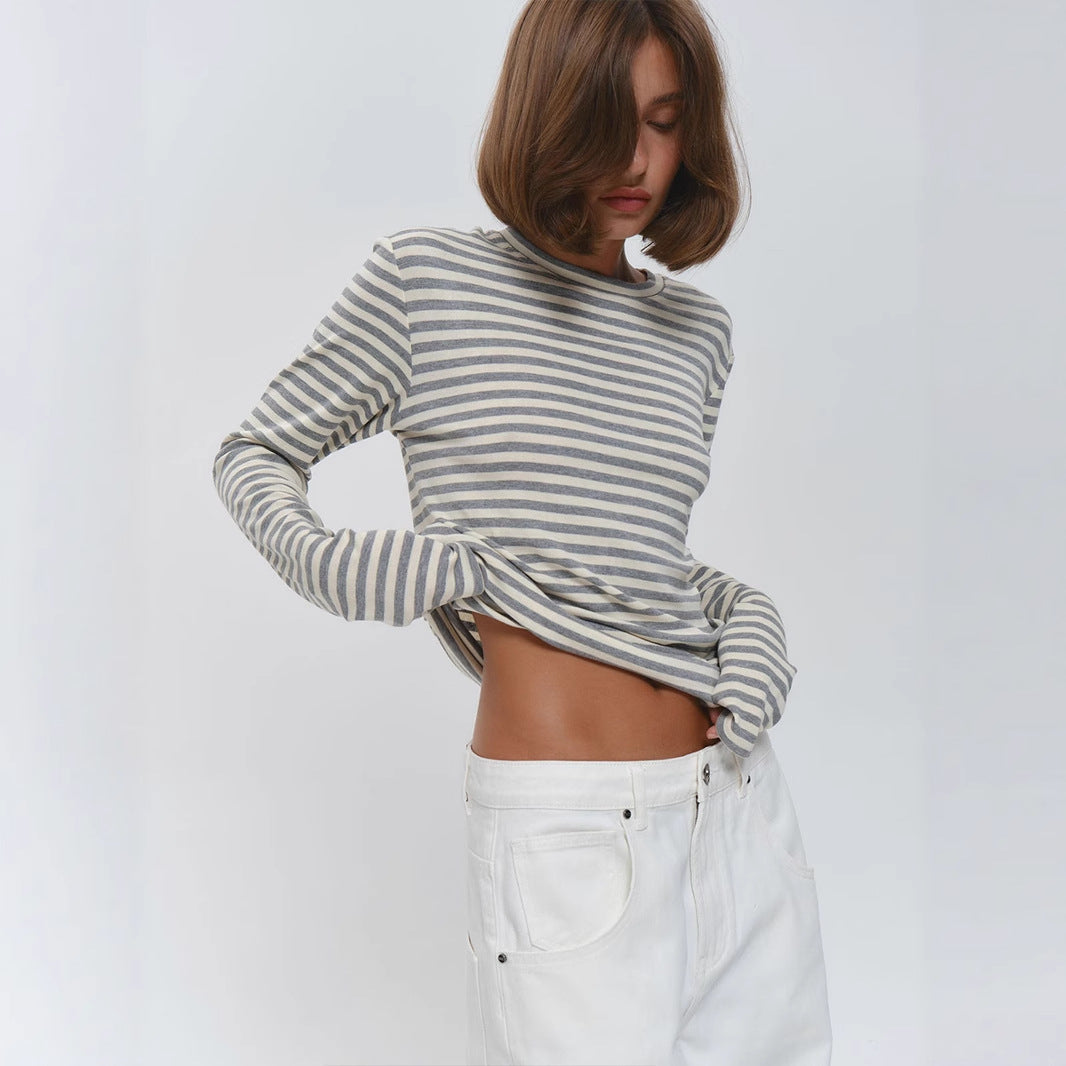 Long Sleeved Striped T shirt Autumn Winter Office Slim Fit round Neck Cotton Bottoming Shirt Long T Shirt Women