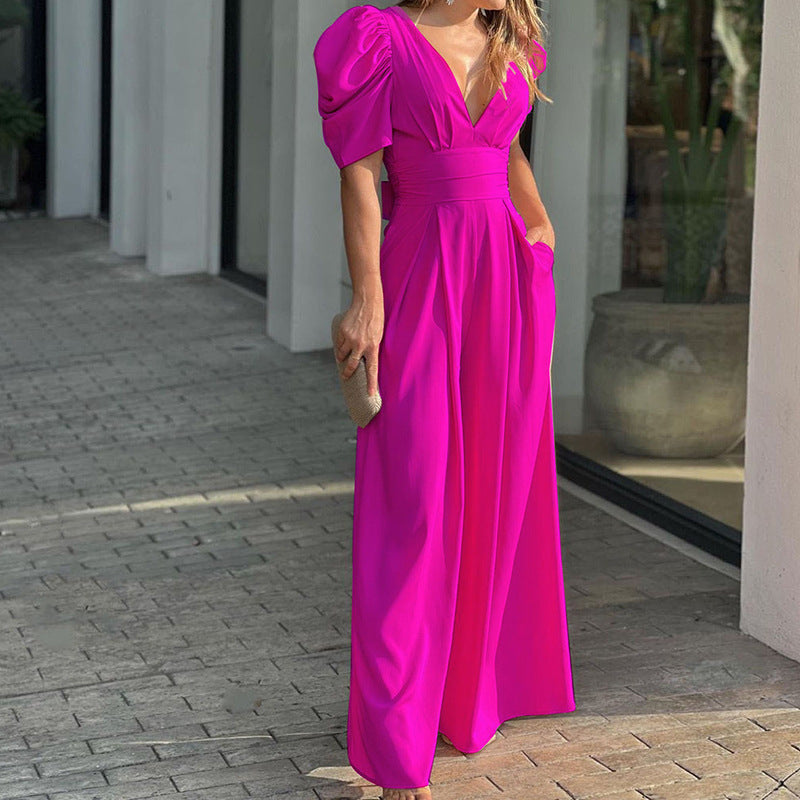 Women Clothing Short Sleeve Elegant Wide Legs Jumpsuit