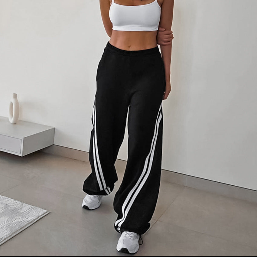 Fall Winter Black Knitted Cool Contrast Color All Matching Trousers Office Lace up Low Waist Casual Pants for Women