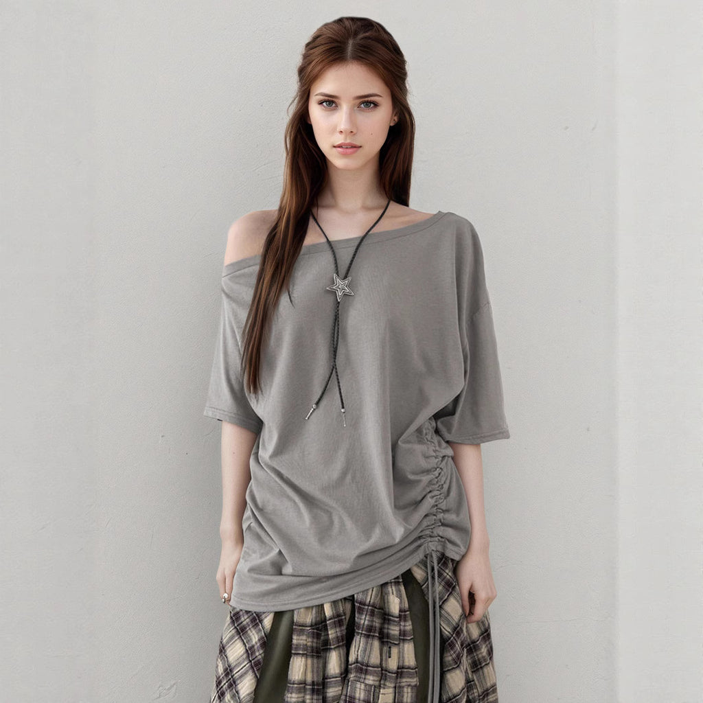 Casual Simple Loose Shoulder Pleating Short Sleeved Top Women Summer Mid Length Solid Color T shirt